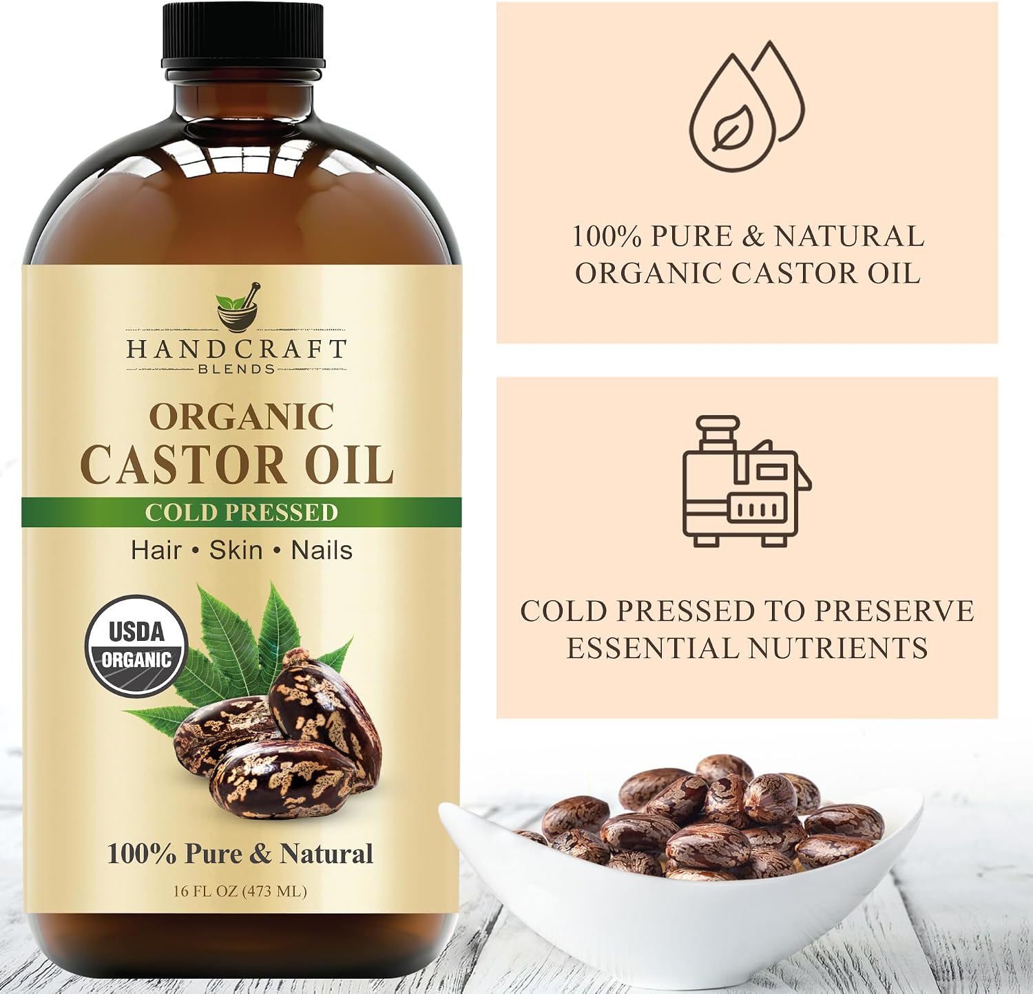 Handcraft Blends Cold-Pressed Organic Castor Oil 16 Fl Oz | Glass Bottle | Roll on Bottle | 100% Pure and Natural | Premium Grade Carrier Oil | Hair, Eyelashes and Eyebrows | Hair and Body