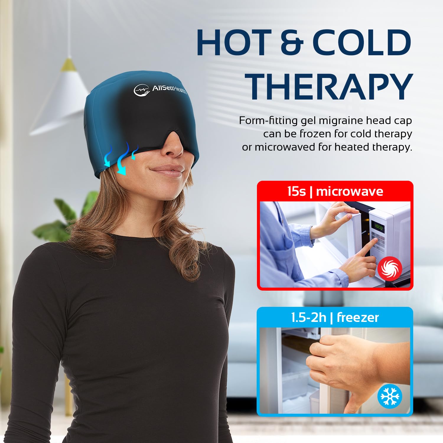 Migraine Relief Cap Ice Head Wrap and Hat | Hot/Cold Gel Pack with Face and Eye Mask Compress for Headache Relief - Black
