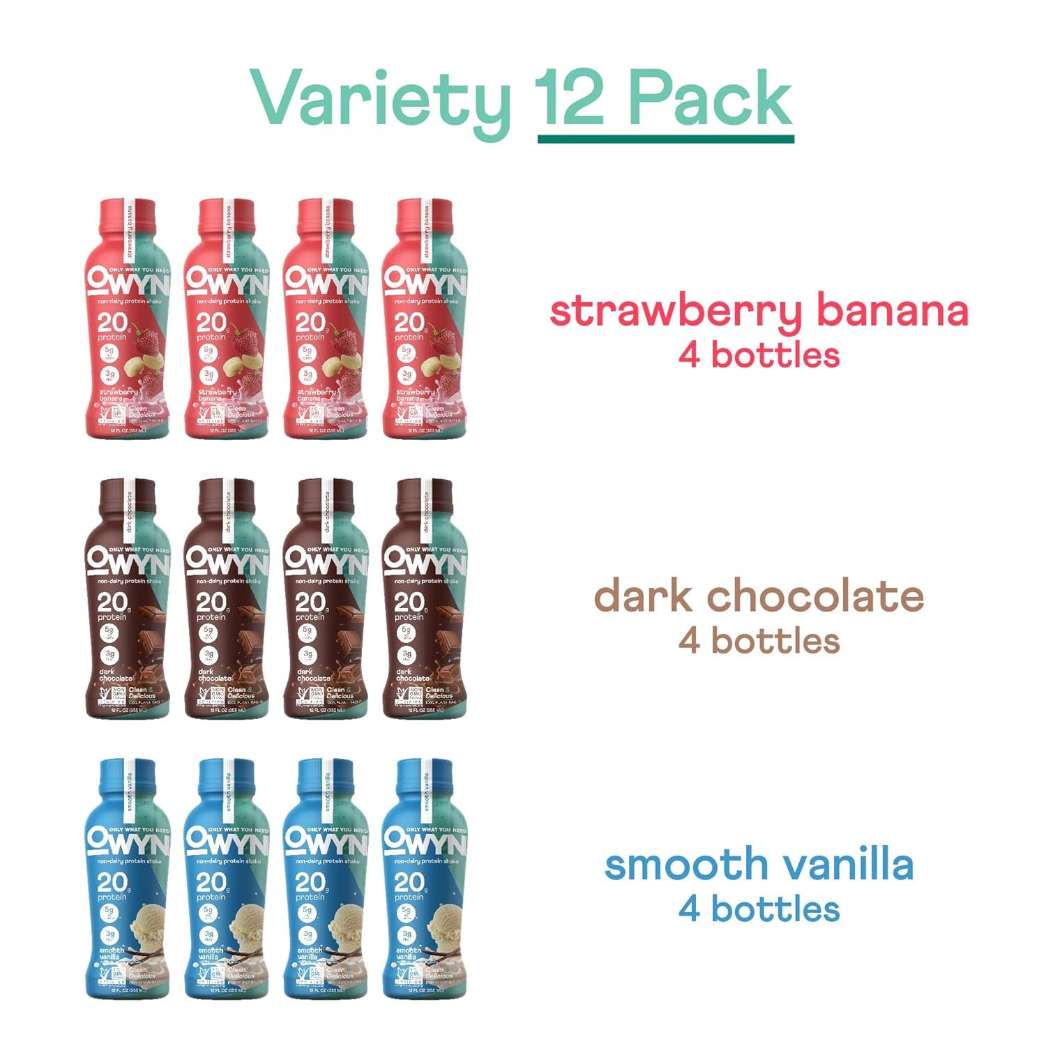 OWYN Only What You Need Dark Chocolate Flavored 20g Protein Shake, 12 Ct | 20g Protein, 4g Sugar, 3g Prebiotic Fiber, Dairy Free, Plant Protein, Gluten Free, Individual 12fl oz Bottles