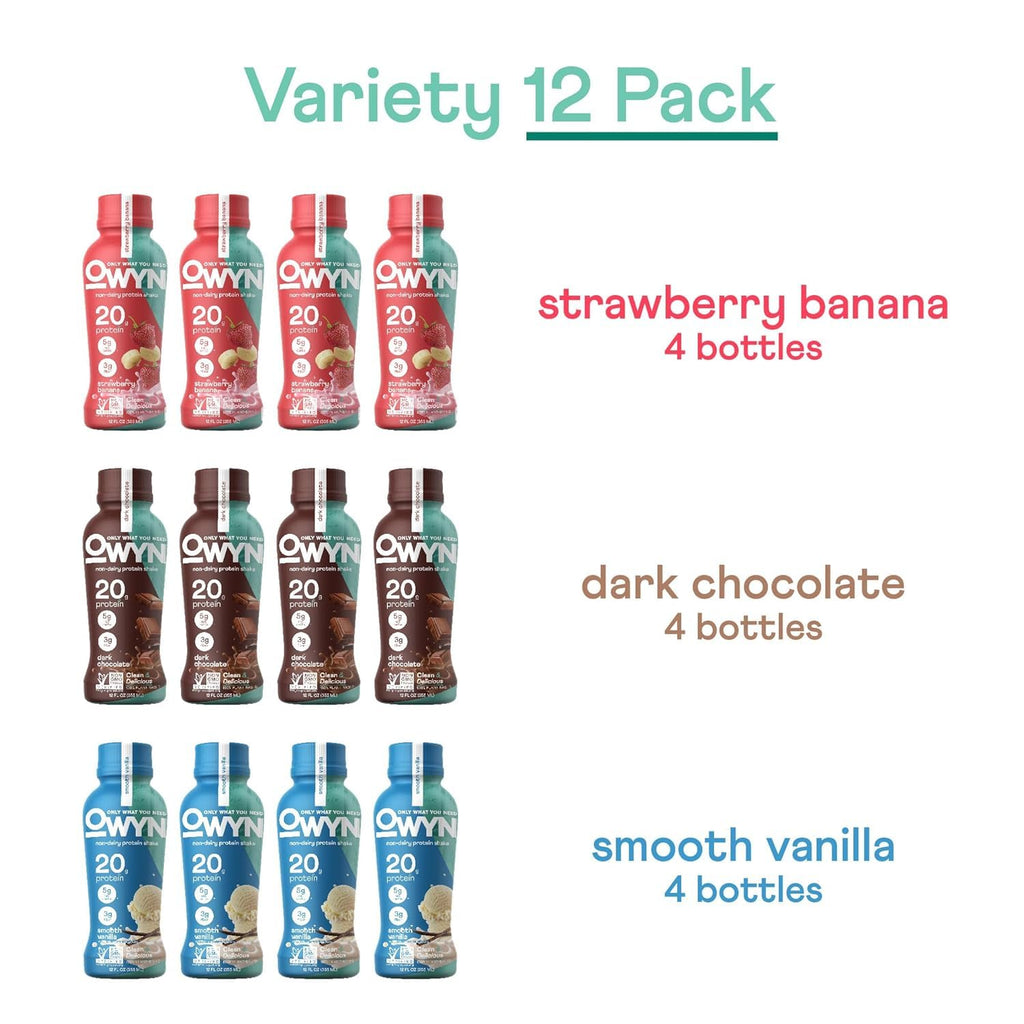 OWYN Only What You Need Dark Chocolate Flavored 20g Protein Shake, 12 Ct | 20g Protein, 4g Sugar, 3g Prebiotic Fiber, Dairy Free, Plant Protein, Gluten Free, Individual 12fl oz Bottles