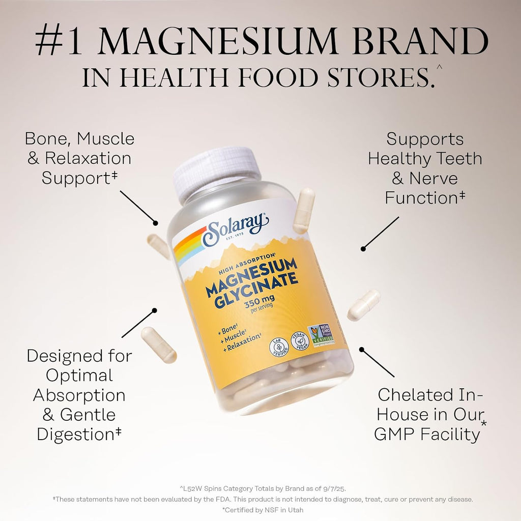 SOLARAY Enhanced Absorption Magnesium Glycinate 350 mg, 120 VegCaps | Muscle, Bone & Heart Support, Chelated Magnesium Bisglycinate with BioPerine, 30 Servings, Vegan, Lab Verified