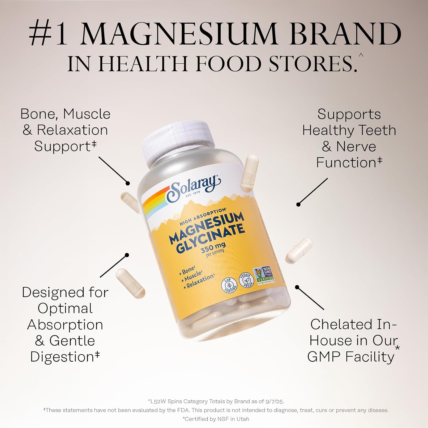 SOLARAY Enhanced Absorption Magnesium Glycinate 350 mg, 120 VegCaps | Muscle, Bone & Heart Support, Chelated Magnesium Bisglycinate with BioPerine, 30 Servings, Vegan, Lab Verified