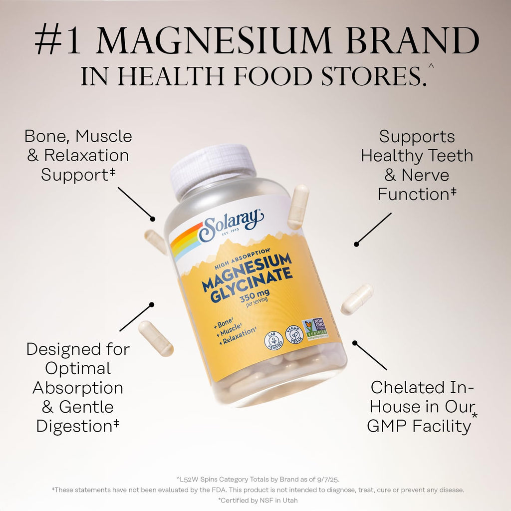 SOLARAY Enhanced Absorption Magnesium Glycinate 350 mg, 120 VegCaps | Muscle, Bone & Heart Support, Chelated Magnesium Bisglycinate with BioPerine, 30 Servings, Vegan, Lab Verified