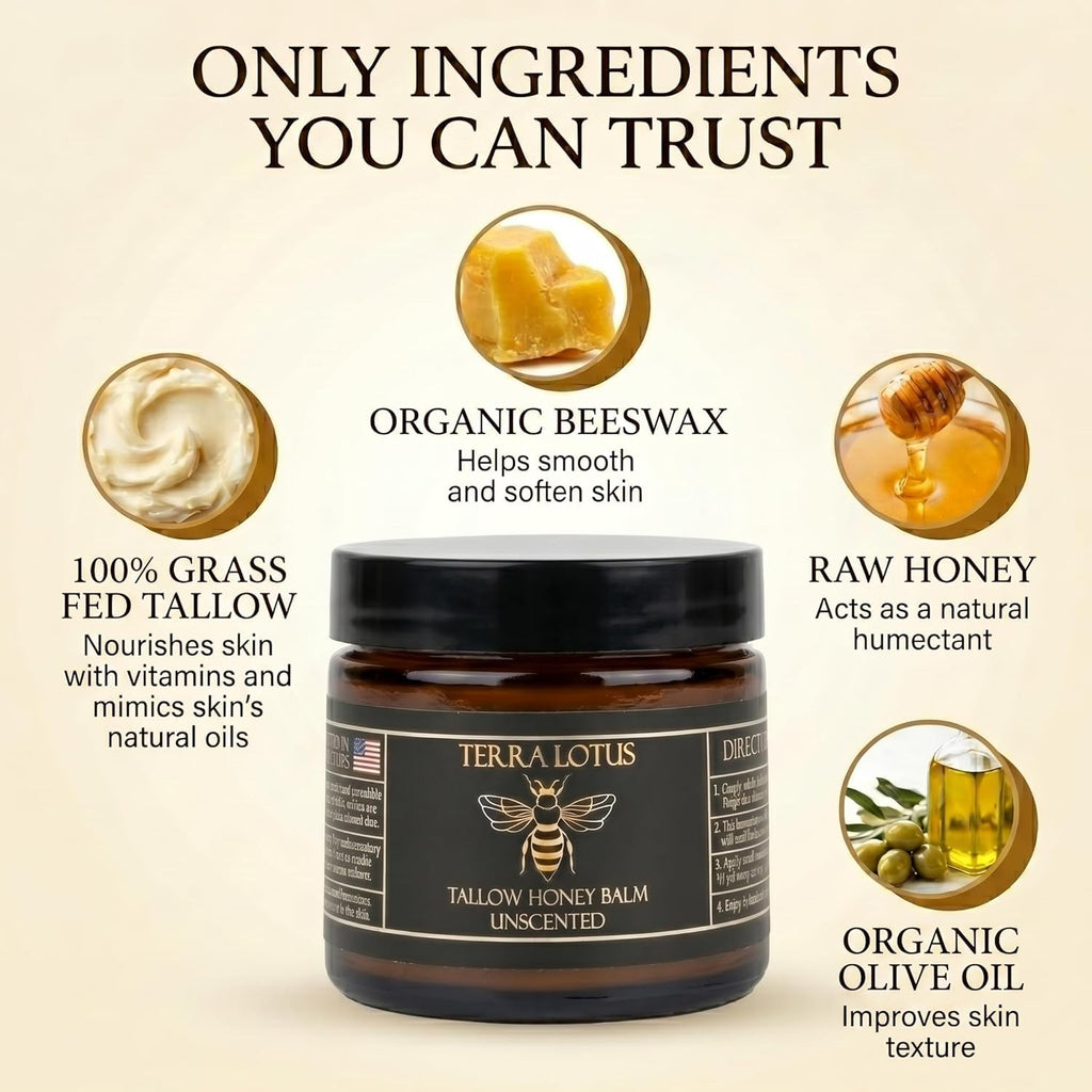Terra Lotus - Organic Grass-Fed Beef Tallow Balm with Raw Honey - Moisturizing Cream - Handmade All-Natural Moisturizer (2 Oz, Unscented)