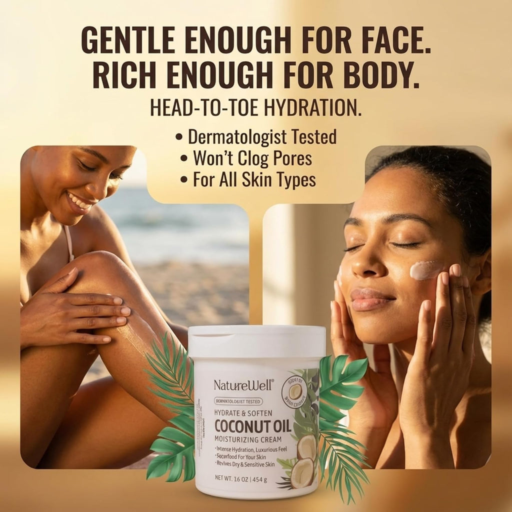 NATURE WELL Coconut Oil Moisturizing Cream for Dry Skin – Deep Hydration Lotion for Face, Body & Hands, Spa Quality Skincare, Softens & Smooths, Non-Greasy, Fast Absorbing, Scented, 16 Oz (Pack of 2)