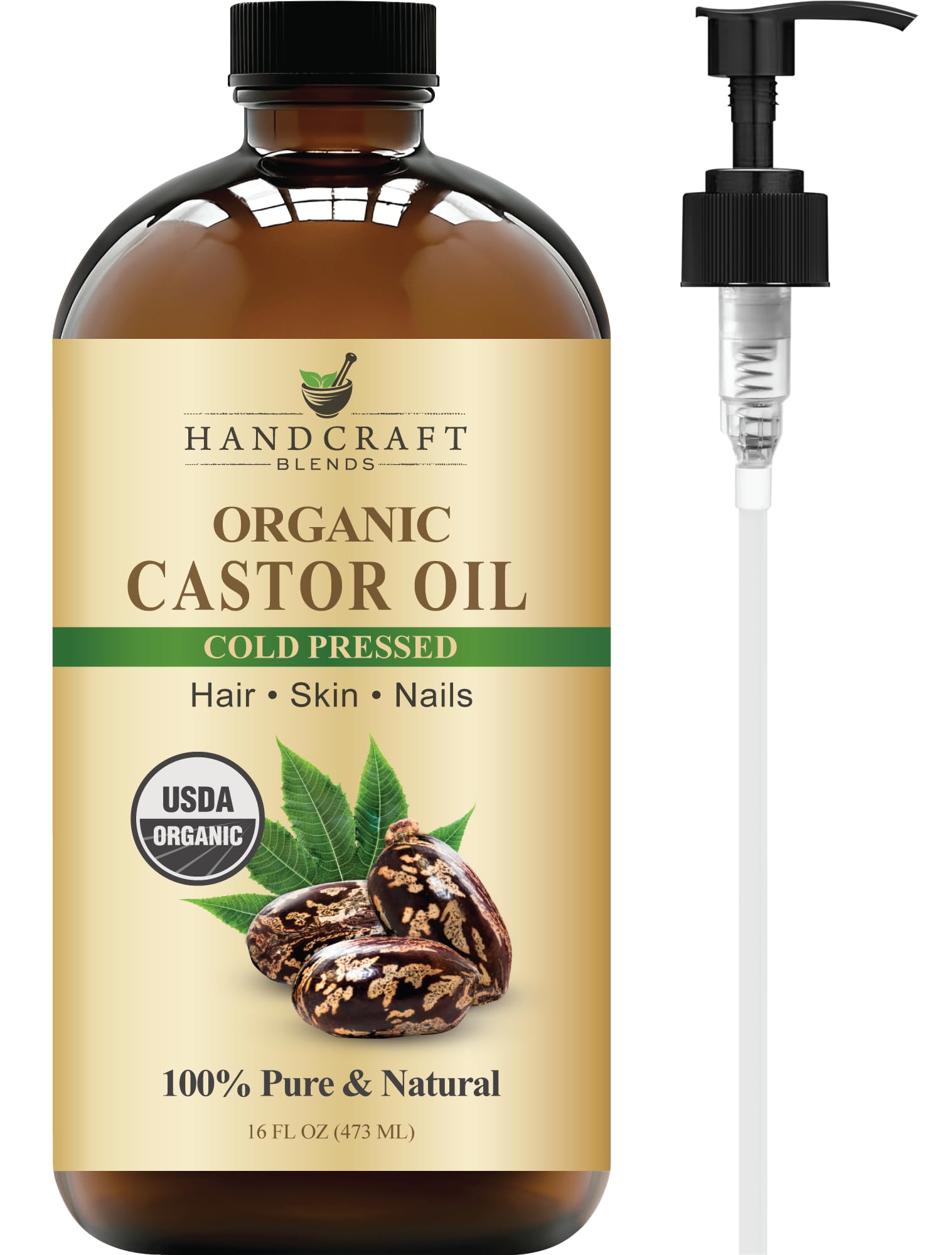 Handcraft Blends Cold-Pressed Organic Castor Oil 16 Fl Oz | Glass Bottle | Roll on Bottle | 100% Pure and Natural | Premium Grade Carrier Oil | Hair, Eyelashes and Eyebrows | Hair and Body