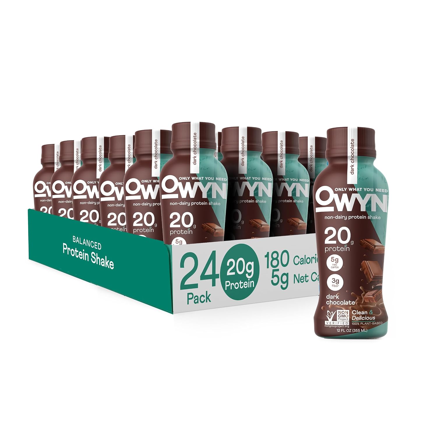OWYN Only What You Need Dark Chocolate Flavored 20g Protein Shake, 12 Ct | 20g Protein, 4g Sugar, 3g Prebiotic Fiber, Dairy Free, Plant Protein, Gluten Free, Individual 12fl oz Bottles