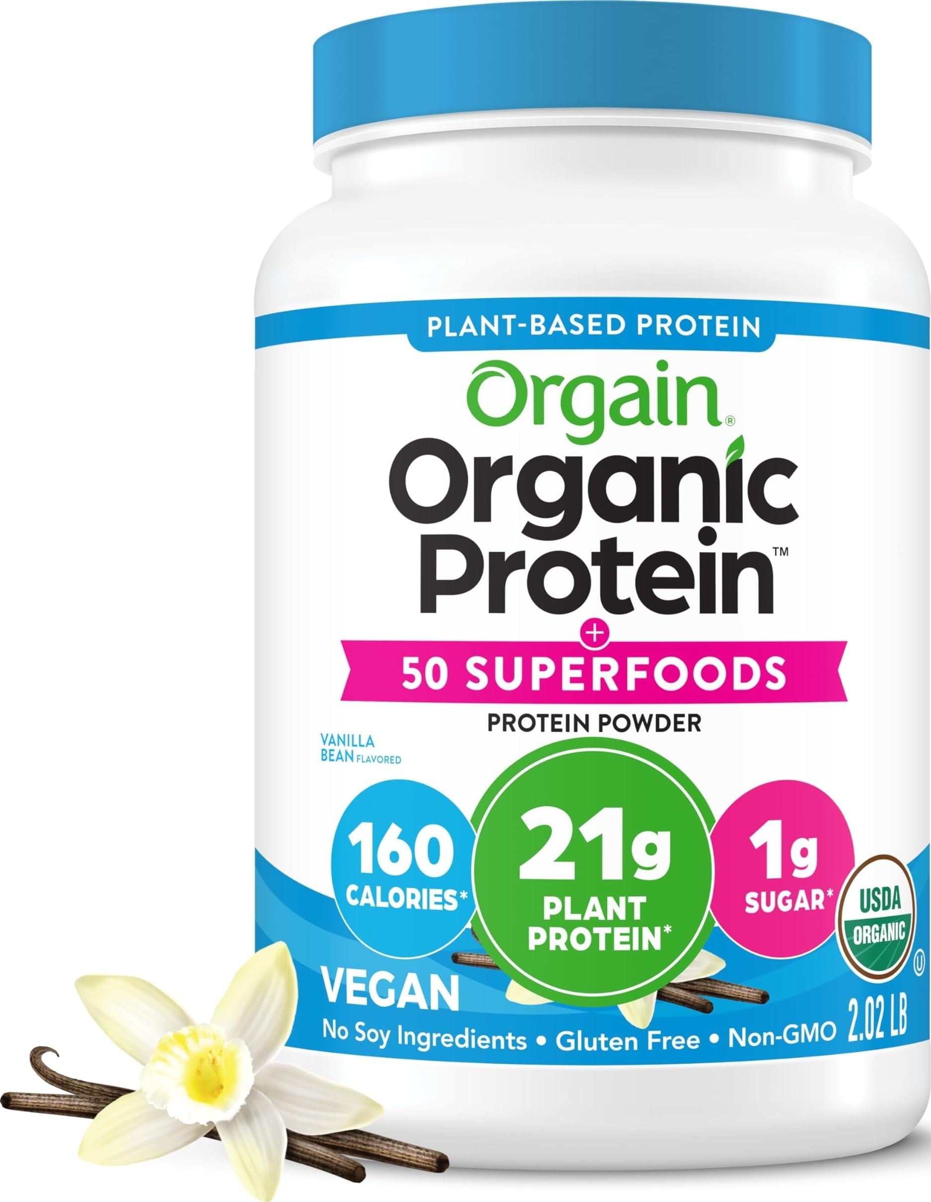 Orgain Organic Vegan 21g Protein + Superfoods Powder, Chocolate, 2.02lb | Plant based protein, 50 superfoods, 9g prebiotic fiber, gluten free, no added sugar, non-GMO, no lactose ingredients