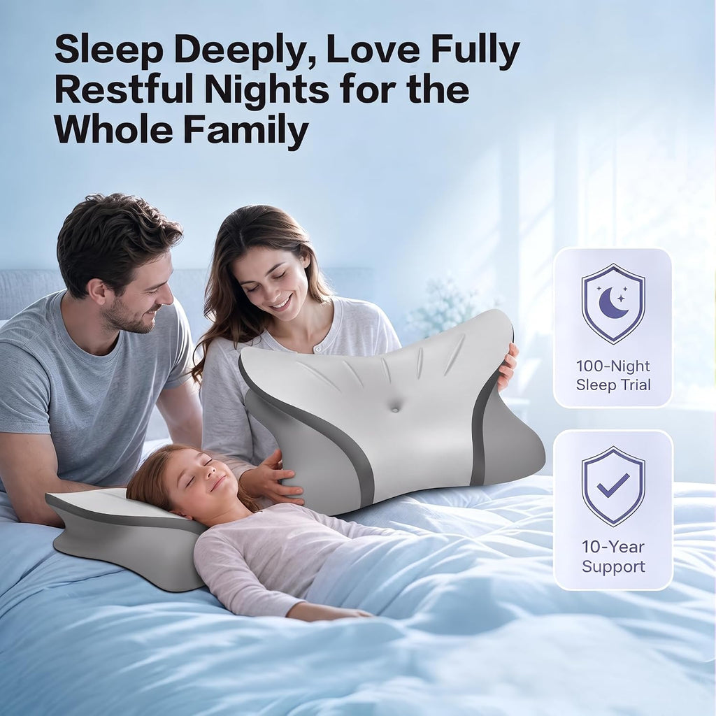 Pain Relief Cervical Neck Pillow, Ergonomic Contour | Q-Max Cooling | Non-Temperature Memory Foam | Side/Back/Stomach Sleeper Support for Sleeping, Reading, Scrolling (Light Grey & Dark Grey)