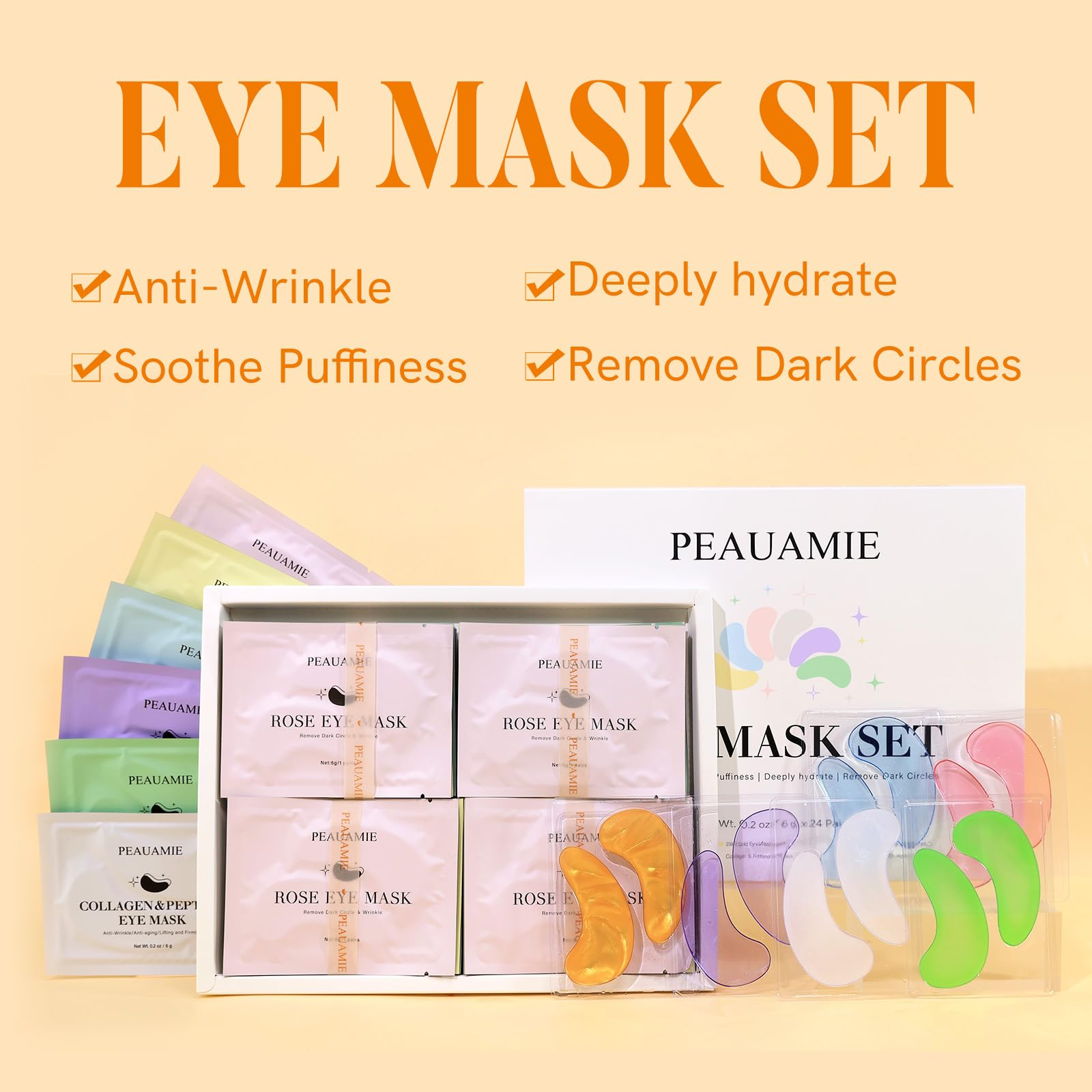 PEAUAMIE Under Eye Patches Gold and Hyaluronic Acid for puffy eyes,Rose Eye Masks for Dark Circles and Puffiness skin care Smooth Wrinkles products 30 Pairs