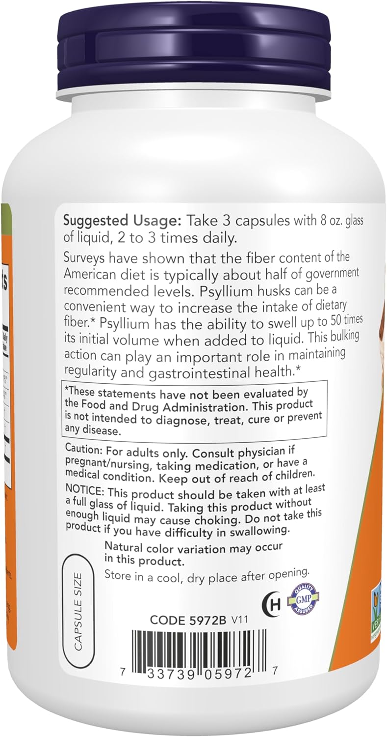 NOW Foods Supplements, Psyllium Husk Caps 500 mg, Non-GMO Project Verified, Natural Soluble Fiber, Intestinal Health*, 500 Veg Capsules