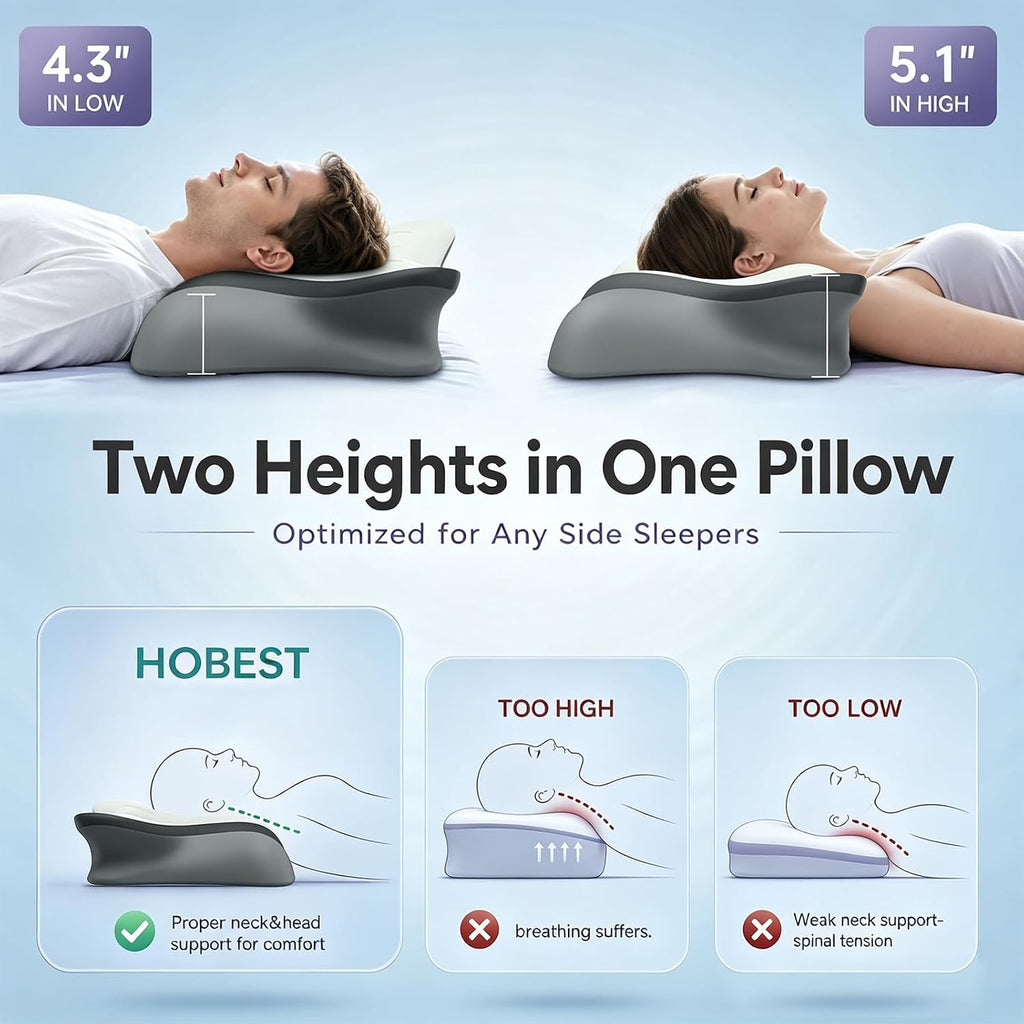 Pain Relief Cervical Neck Pillow, Ergonomic Contour | Q-Max Cooling | Non-Temperature Memory Foam | Side/Back/Stomach Sleeper Support for Sleeping, Reading, Scrolling (Light Grey & Dark Grey)
