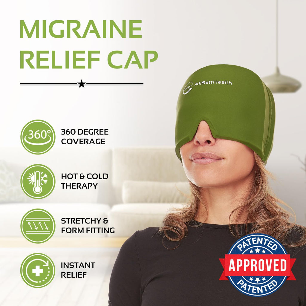 Migraine Relief Cap Ice Head Wrap and Hat | Hot/Cold Gel Pack with Face and Eye Mask Compress for Headache Relief - Black