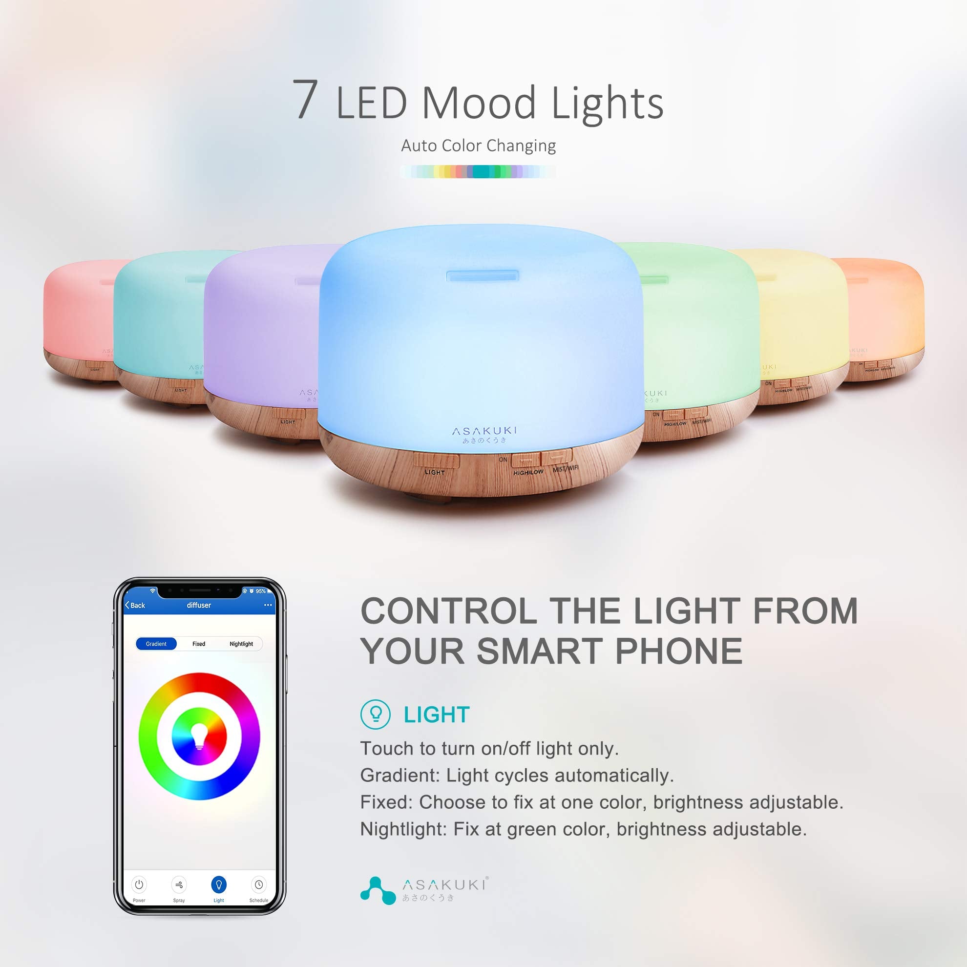 ASAKUKI Essential Oil Diffuser for Home, 500ML Aromatherapy Humidifier | with Remote Control, 7 Color LED Lights, Quiet Cool Mist Diffuser for Bedroom, Living Room, Office (Yellow)