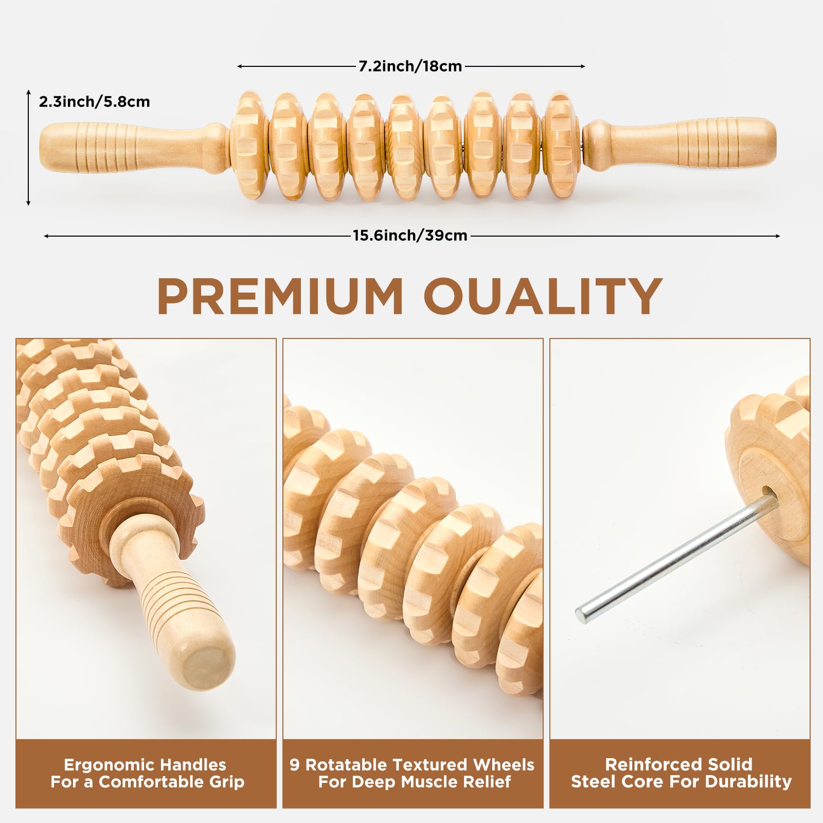 Wooden Cellulite Massage Roller for Legs and Thighs - Handheld Fascia Blaster Tool for Muscle Relief, Lymphatic Drainage & Body Sculpting - Anti Cellulite Massager for Women and Men (12 Wheel)