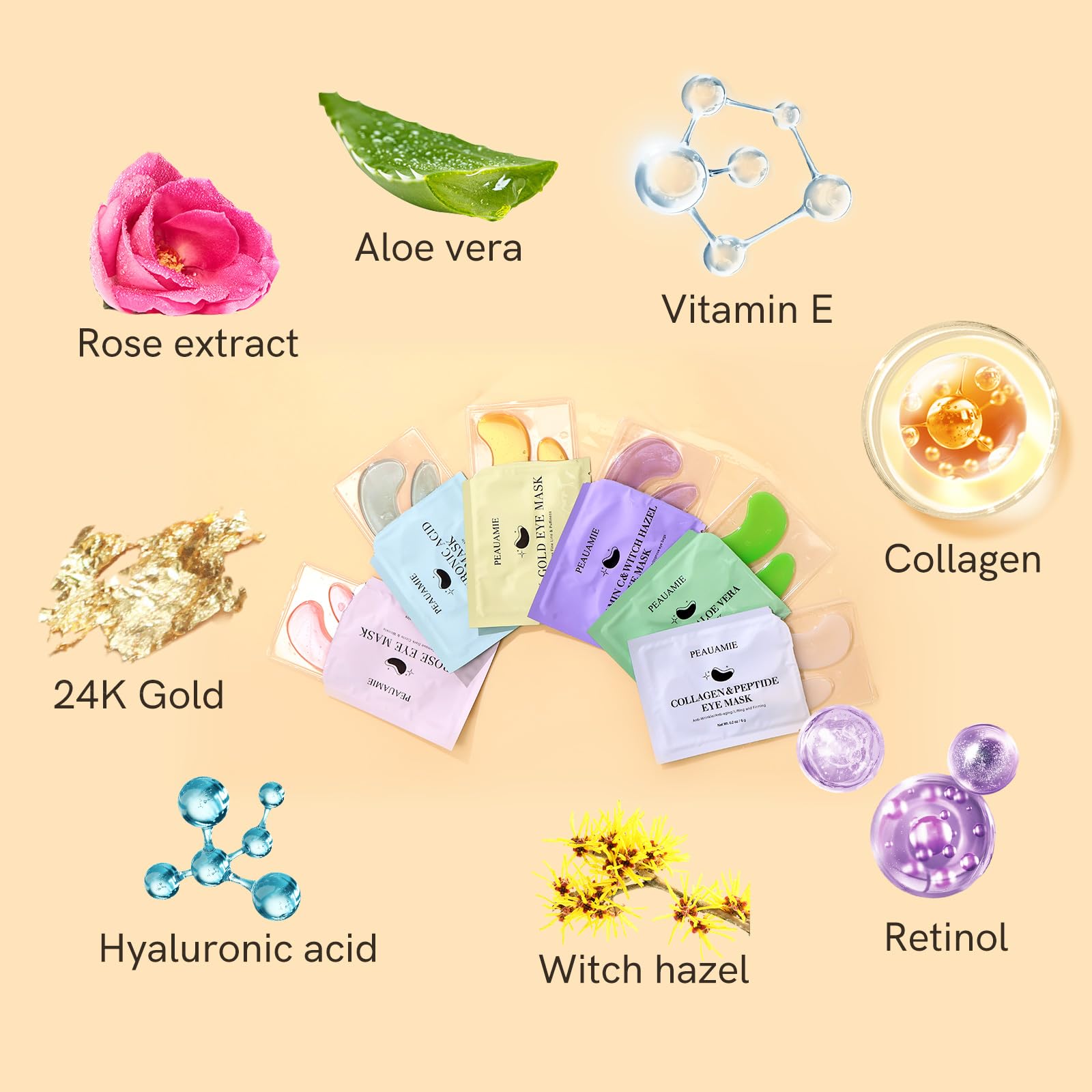 PEAUAMIE Under Eye Patches Gold and Hyaluronic Acid for puffy eyes,Rose Eye Masks for Dark Circles and Puffiness skin care Smooth Wrinkles products 30 Pairs