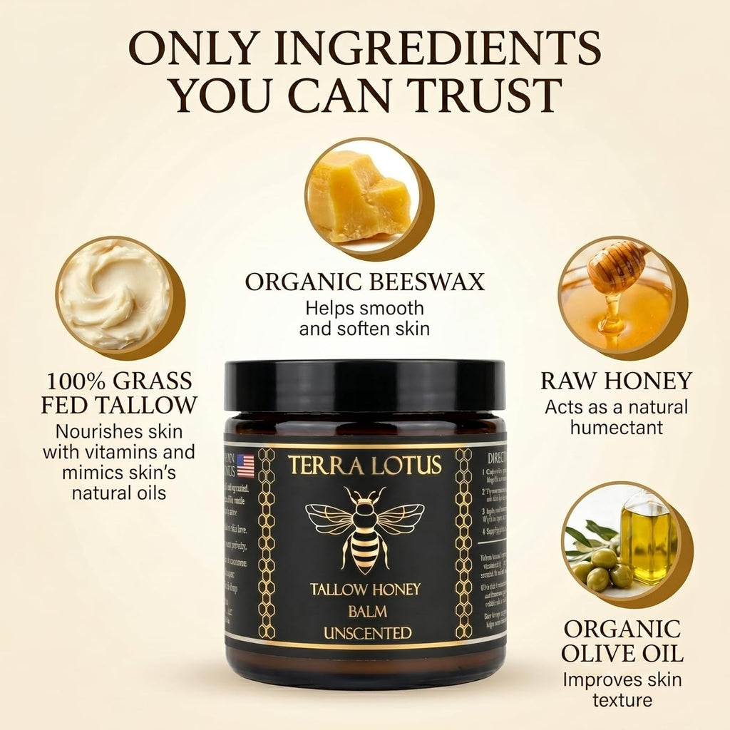 Terra Lotus - Organic Grass-Fed Beef Tallow Balm with Raw Honey - Moisturizing Cream - Handmade All-Natural Moisturizer (2 Oz, Unscented)