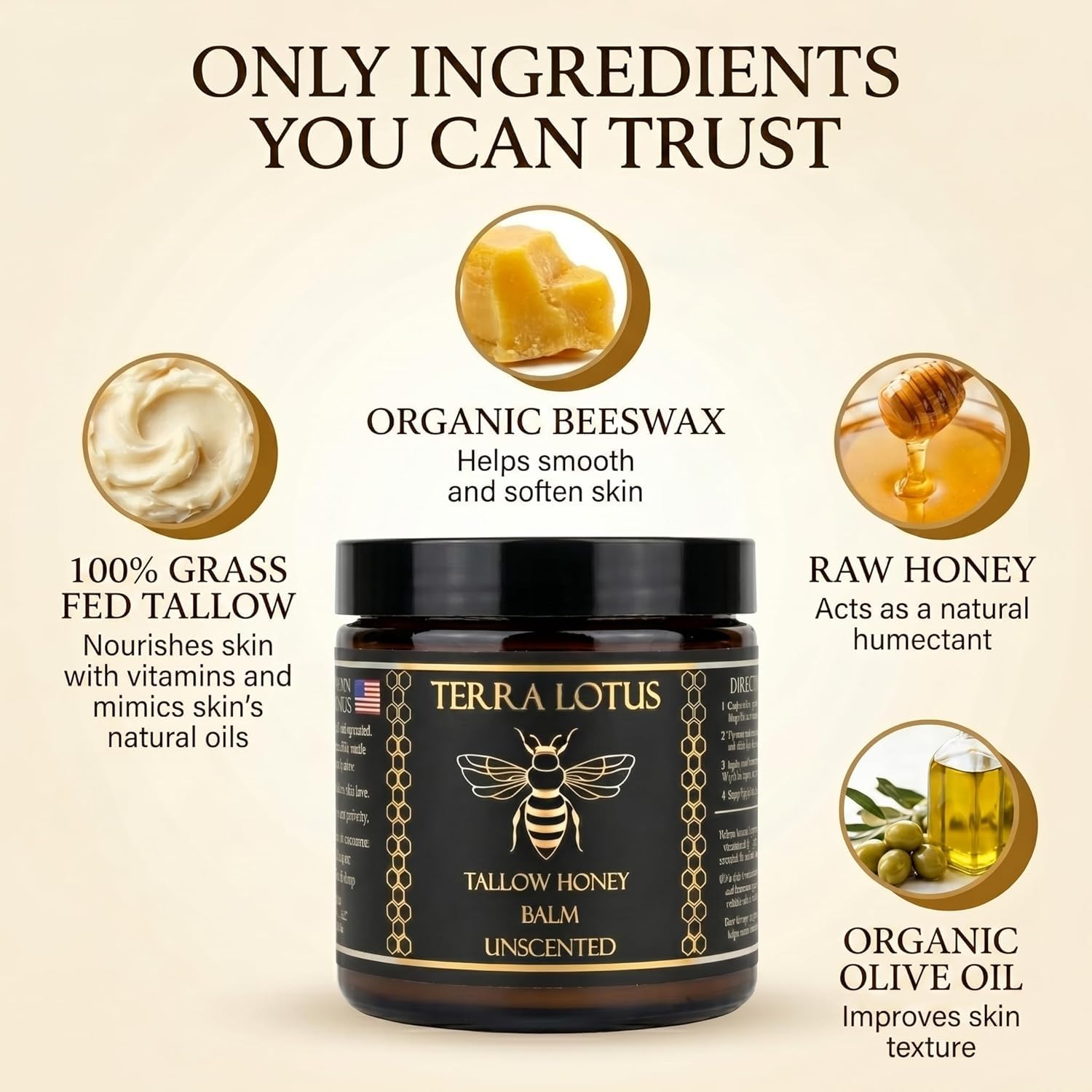 Terra Lotus - Organic Grass-Fed Beef Tallow Balm with Raw Honey - Moisturizing Cream - Handmade All-Natural Moisturizer (2 Oz, Unscented)