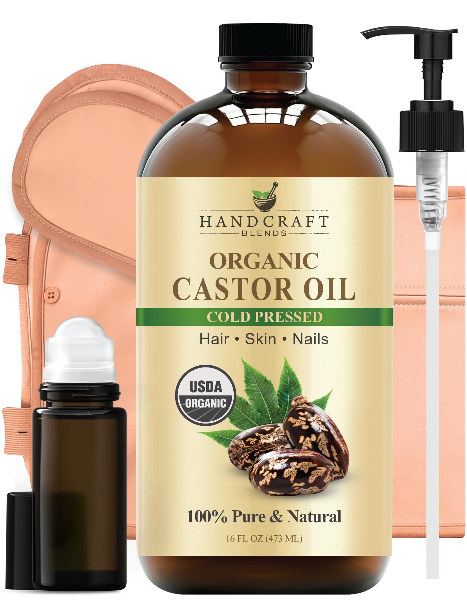 Handcraft Blends Cold-Pressed Organic Castor Oil 16 Fl Oz | Glass Bottle | Roll on Bottle | 100% Pure and Natural | Premium Grade Carrier Oil | Hair, Eyelashes and Eyebrows | Hair and Body