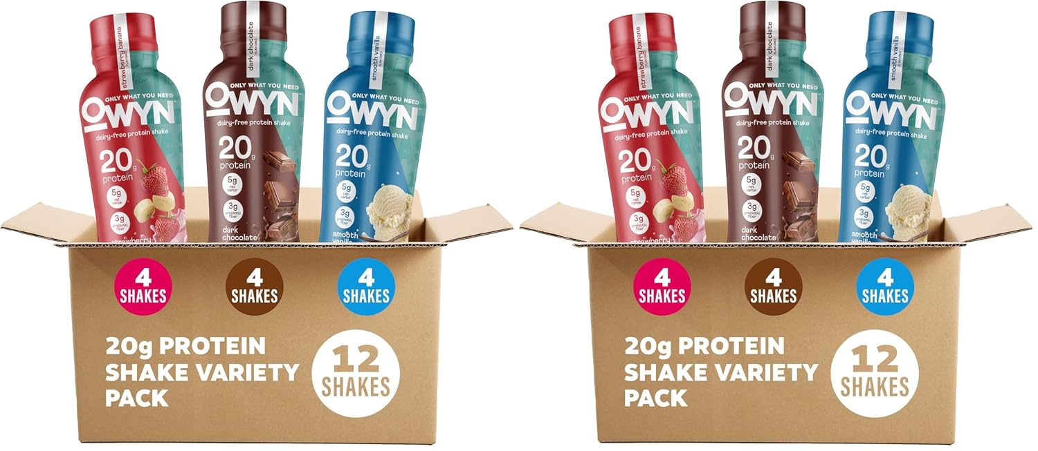 OWYN Only What You Need Dark Chocolate Flavored 20g Protein Shake, 12 Ct | 20g Protein, 4g Sugar, 3g Prebiotic Fiber, Dairy Free, Plant Protein, Gluten Free, Individual 12fl oz Bottles