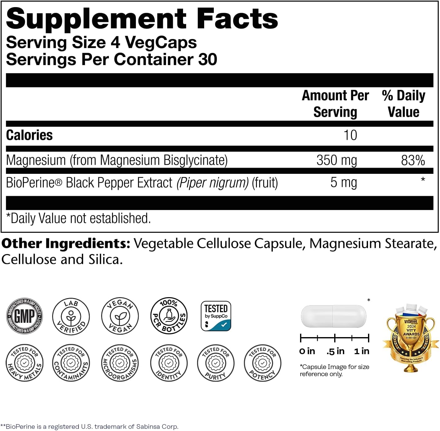 SOLARAY Enhanced Absorption Magnesium Glycinate 350 mg, 120 VegCaps | Muscle, Bone & Heart Support, Chelated Magnesium Bisglycinate with BioPerine, 30 Servings, Vegan, Lab Verified
