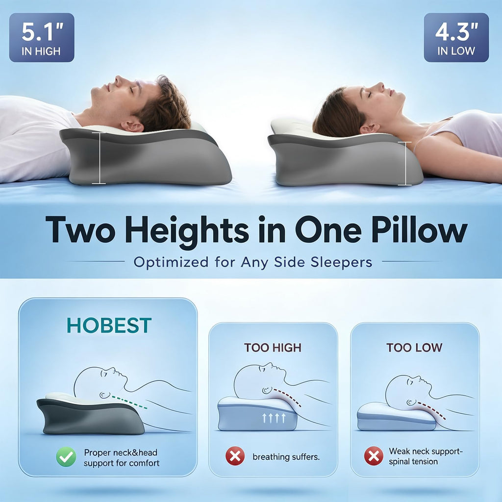 Pain Relief Cervical Neck Pillow, Ergonomic Contour | Q-Max Cooling | Non-Temperature Memory Foam | Side/Back/Stomach Sleeper Support for Sleeping, Reading, Scrolling (Light Grey & Dark Grey)