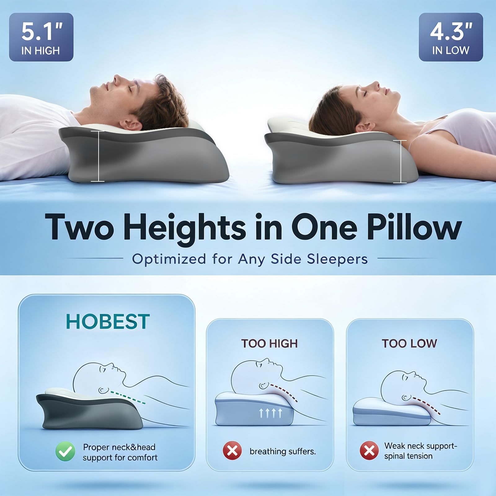 Pain Relief Cervical Neck Pillow, Ergonomic Contour | Q-Max Cooling | Non-Temperature Memory Foam | Side/Back/Stomach Sleeper Support for Sleeping, Reading, Scrolling (Light Grey & Dark Grey)
