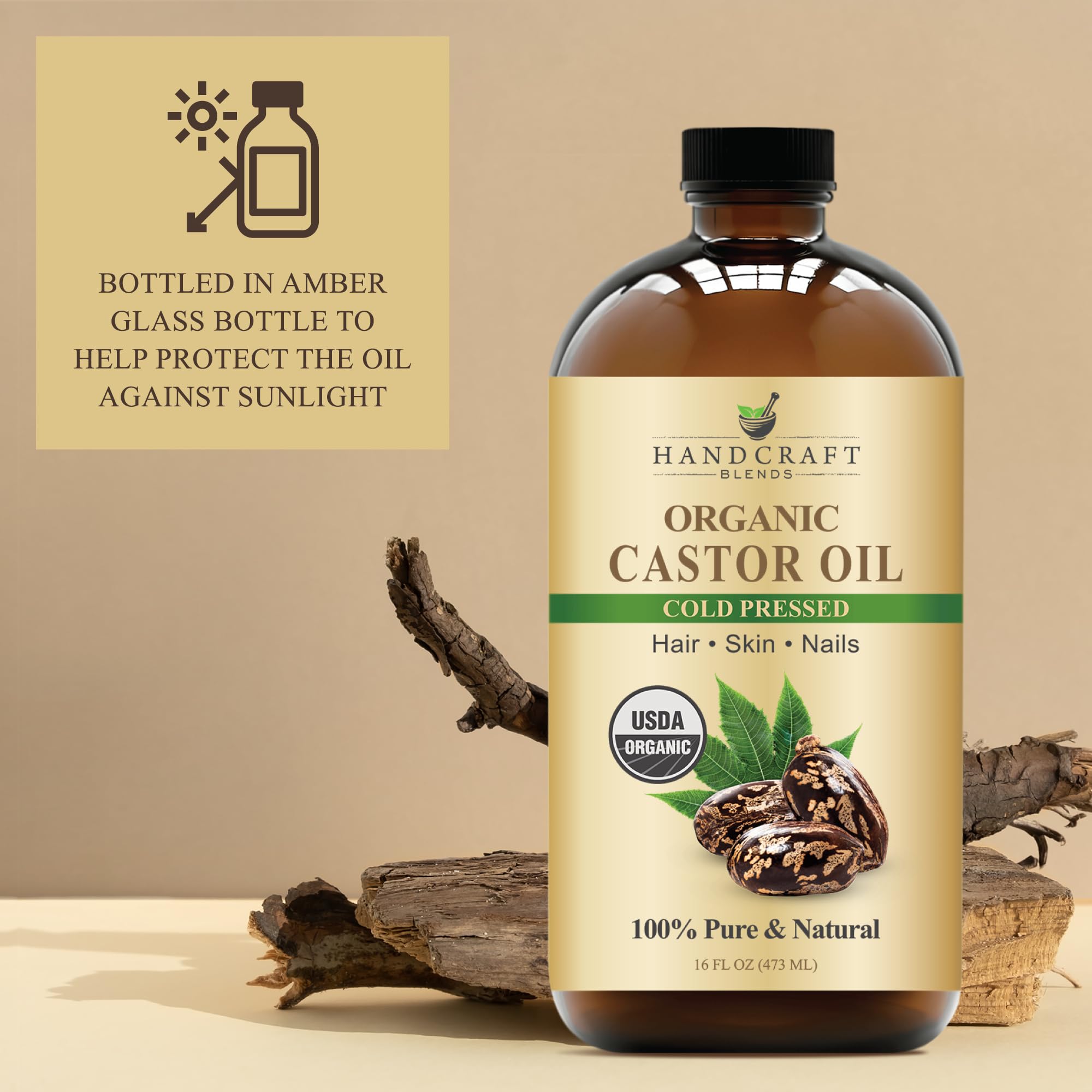 Handcraft Blends Cold-Pressed Organic Castor Oil 16 Fl Oz | Glass Bottle | Roll on Bottle | 100% Pure and Natural | Premium Grade Carrier Oil | Hair, Eyelashes and Eyebrows | Hair and Body