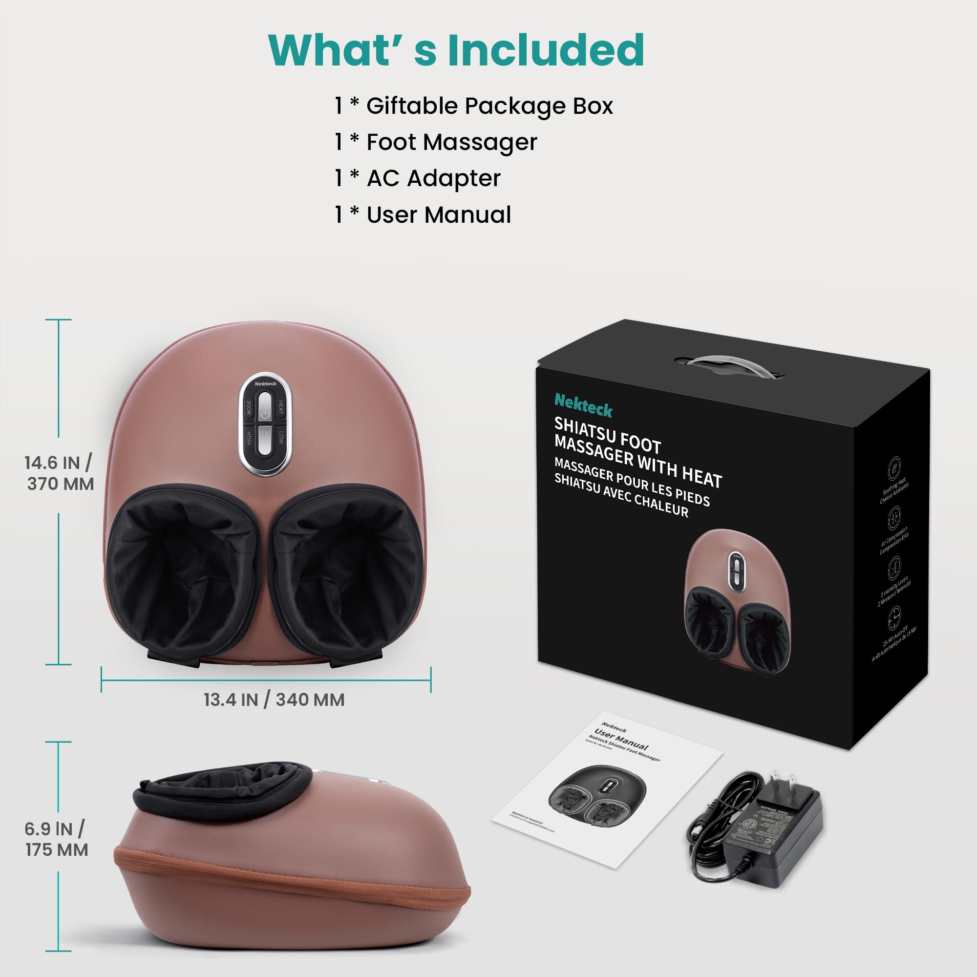 Nekteck Shiatsu Foot Massager with Heat [2026 Upgraded], 3 Modes Deep Kneading Therapy Air Compression, Feet Massage for Plantar Fasciitis, Relaxation Gifts for Men Women Mom Dad Birthday