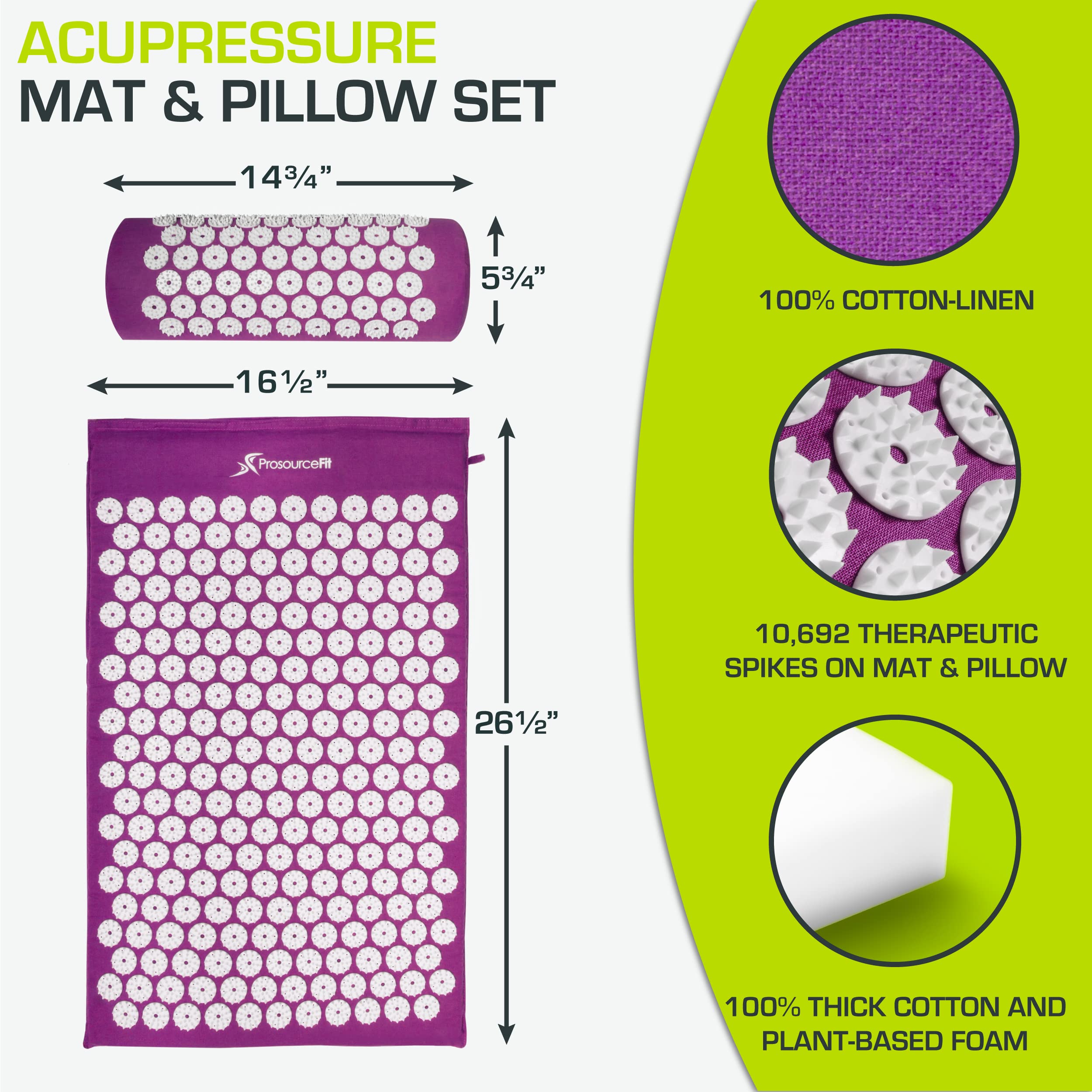 ProsourceFit Acupressure Mat and Pillow Set for Back/Neck Pain Relief and Muscle Relaxation, Grey