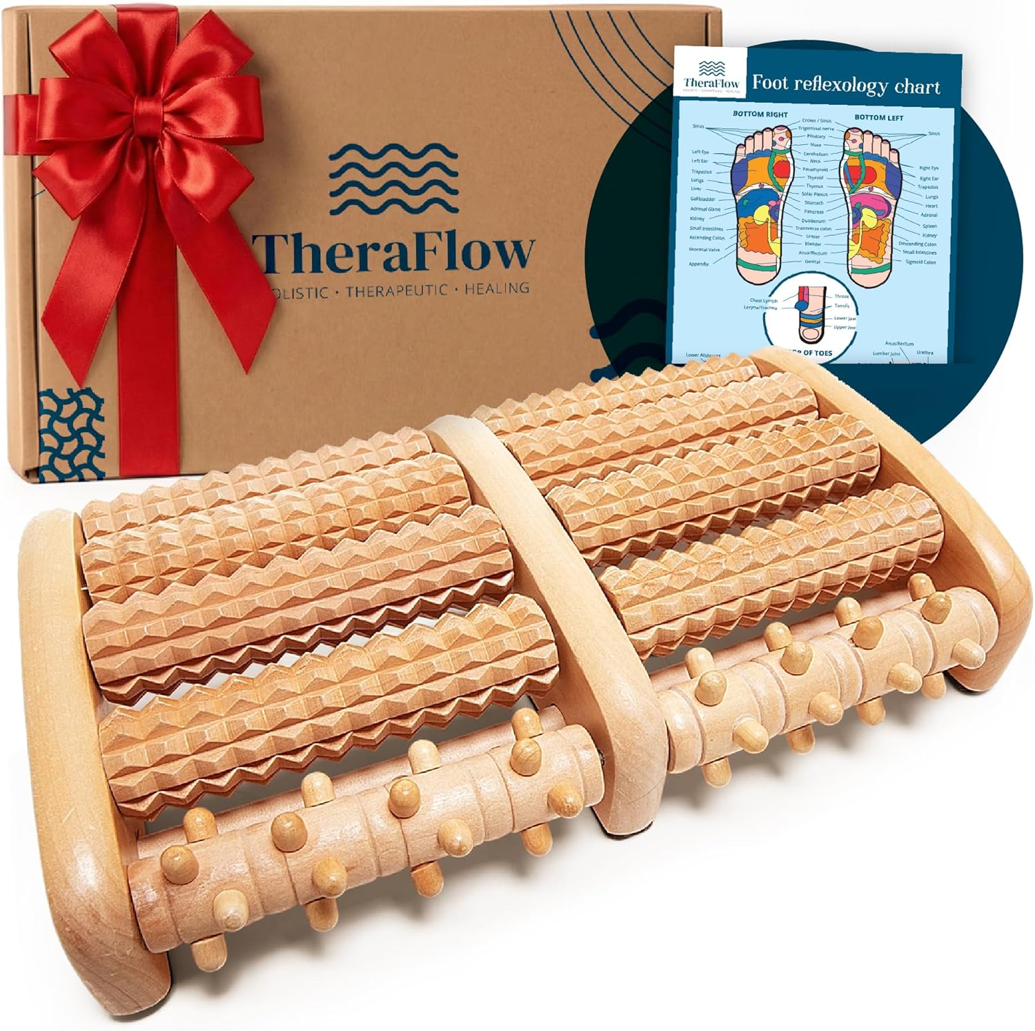 TheraFlow Foot Roller for Plantar Fasciitis Relief and Neuropathy Pain Relief for Feet - Wooden Foot Massager Roller Acupressure Tool with Reflexology Chart - Mom Gifts for Women and Men