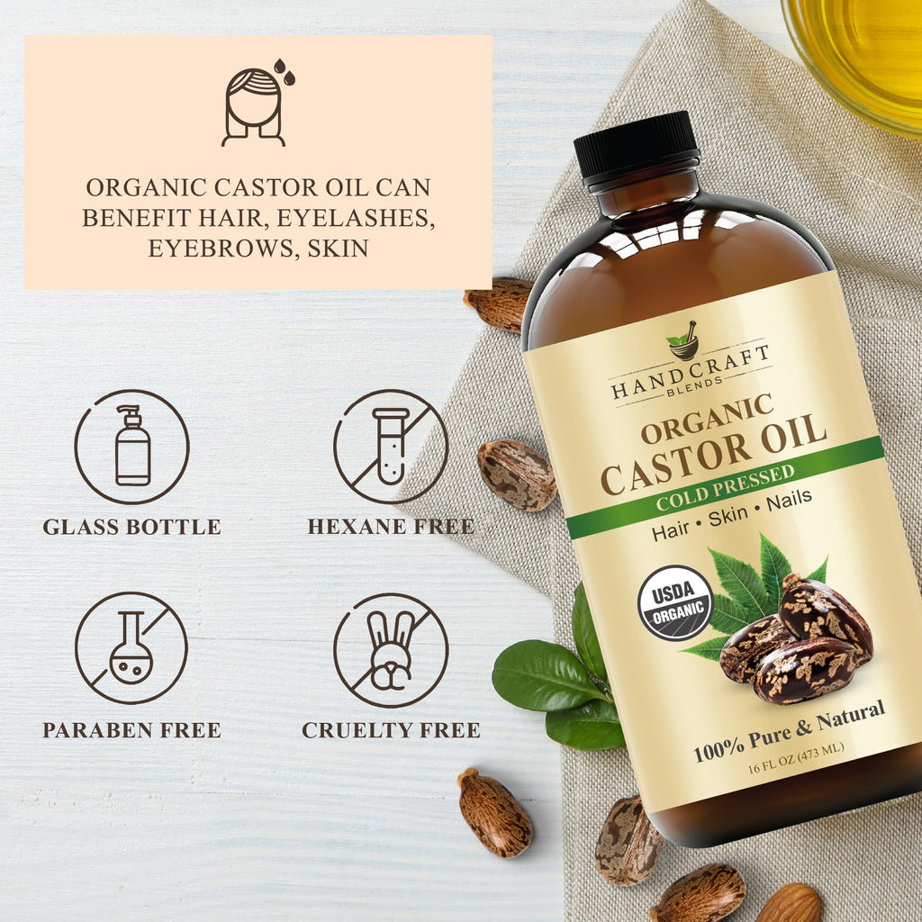 Handcraft Blends Cold-Pressed Organic Castor Oil 16 Fl Oz | Glass Bottle | Roll on Bottle | 100% Pure and Natural | Premium Grade Carrier Oil | Hair, Eyelashes and Eyebrows | Hair and Body