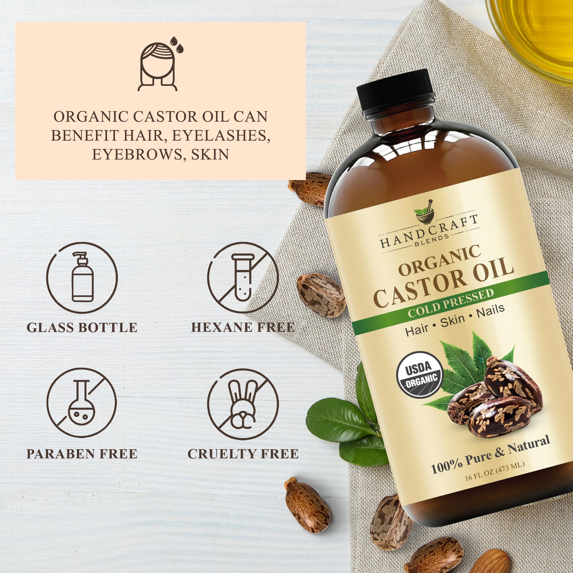 Handcraft Blends Cold-Pressed Organic Castor Oil 16 Fl Oz | Glass Bottle | Roll on Bottle | 100% Pure and Natural | Premium Grade Carrier Oil | Hair, Eyelashes and Eyebrows | Hair and Body