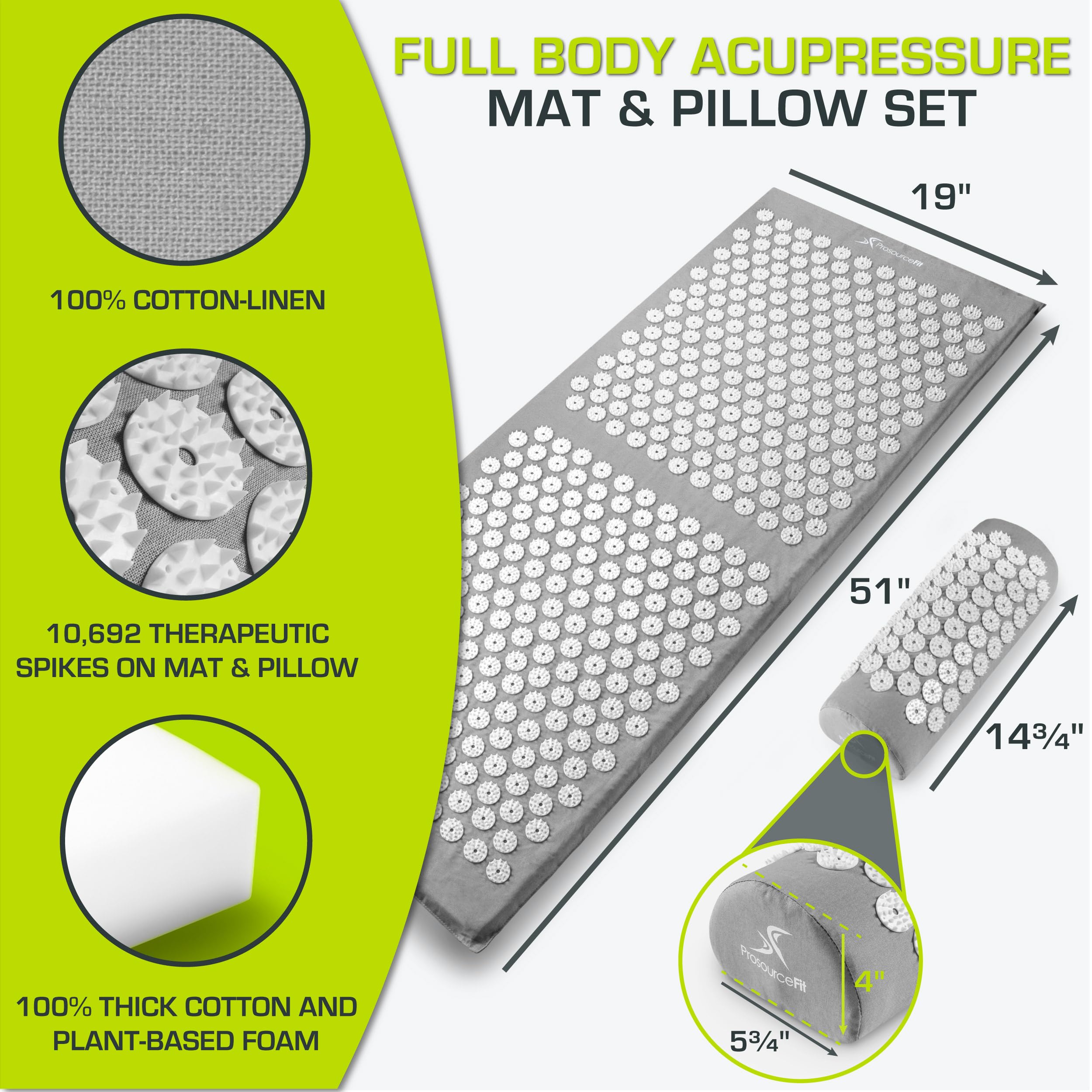 ProsourceFit Acupressure Mat and Pillow Set for Back/Neck Pain Relief and Muscle Relaxation, Grey