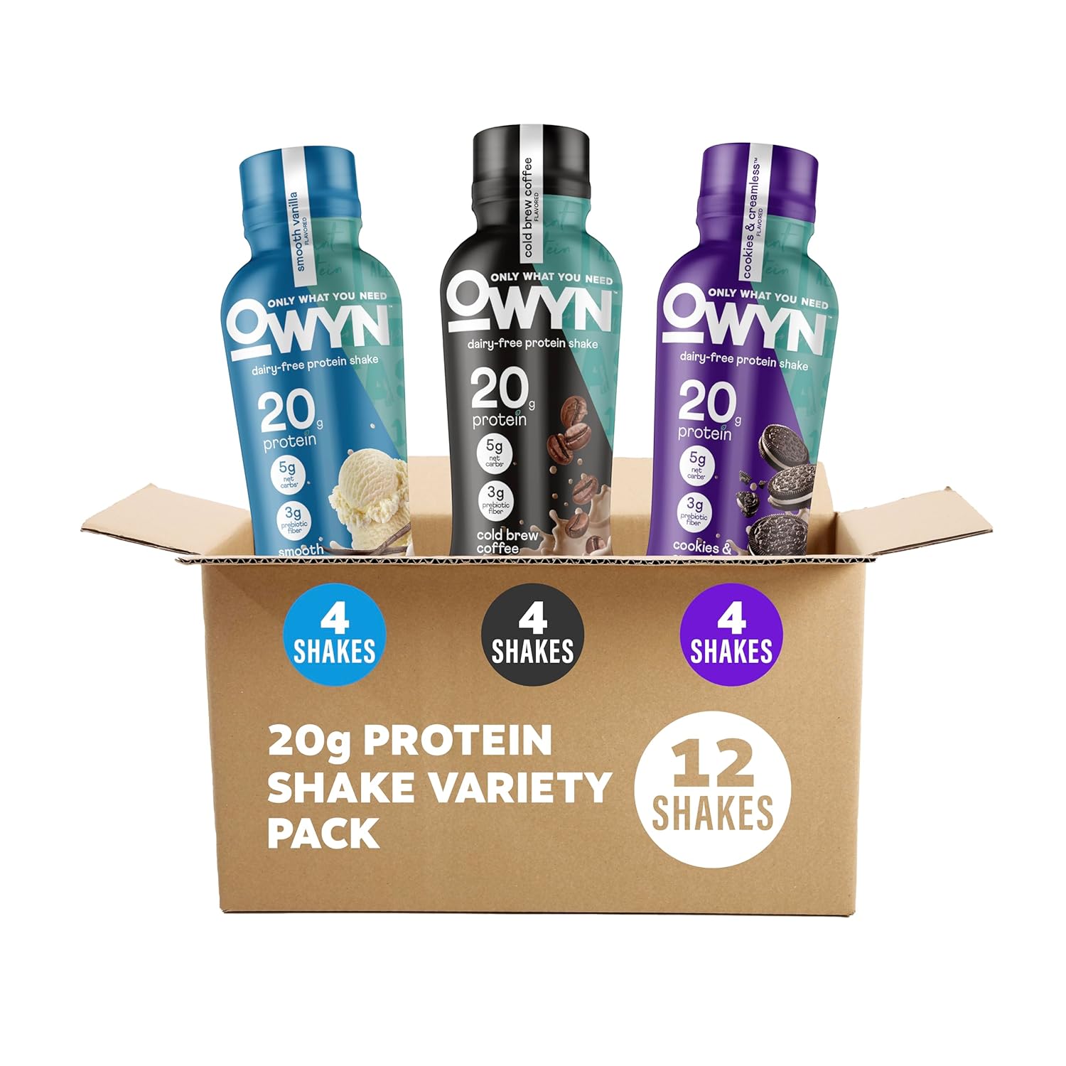 OWYN Only What You Need Dark Chocolate Flavored 20g Protein Shake, 12 Ct | 20g Protein, 4g Sugar, 3g Prebiotic Fiber, Dairy Free, Plant Protein, Gluten Free, Individual 12fl oz Bottles