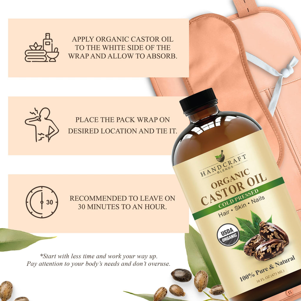 Handcraft Blends Cold-Pressed Organic Castor Oil 16 Fl Oz | Glass Bottle | Roll on Bottle | 100% Pure and Natural | Premium Grade Carrier Oil | Hair, Eyelashes and Eyebrows | Hair and Body