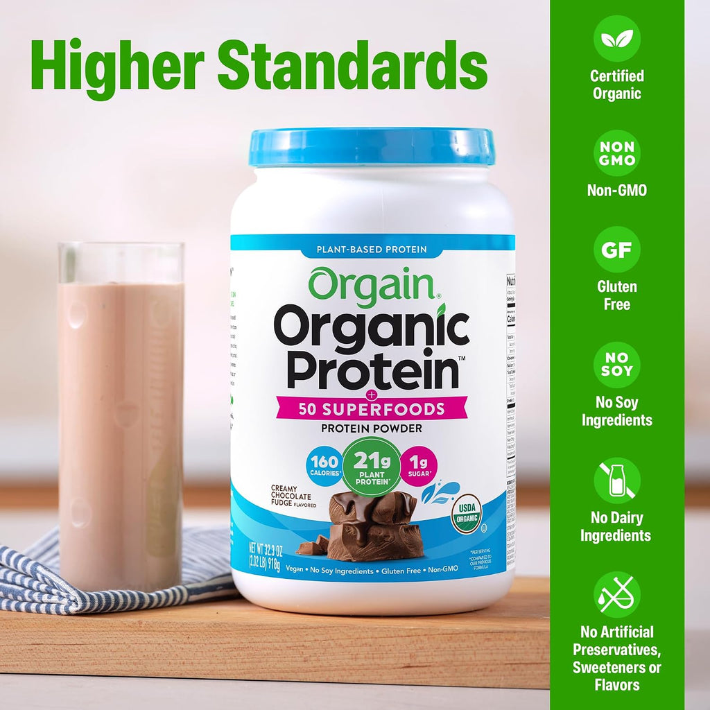 Orgain Organic Vegan 21g Protein + Superfoods Powder, Chocolate, 2.02lb | Plant based protein, 50 superfoods, 9g prebiotic fiber, gluten free, no added sugar, non-GMO, no lactose ingredients
