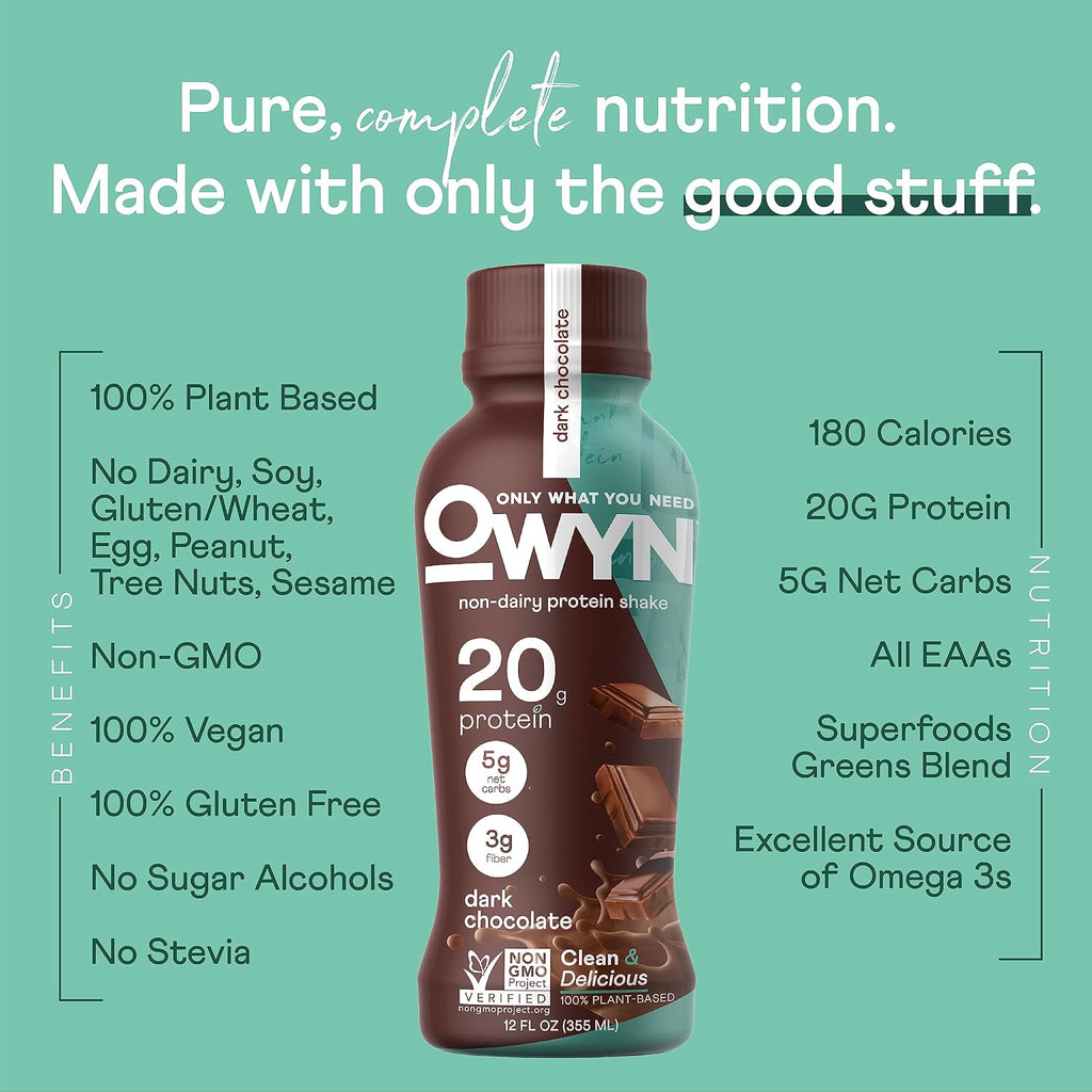OWYN Only What You Need Dark Chocolate Flavored 20g Protein Shake, 12 Ct | 20g Protein, 4g Sugar, 3g Prebiotic Fiber, Dairy Free, Plant Protein, Gluten Free, Individual 12fl oz Bottles