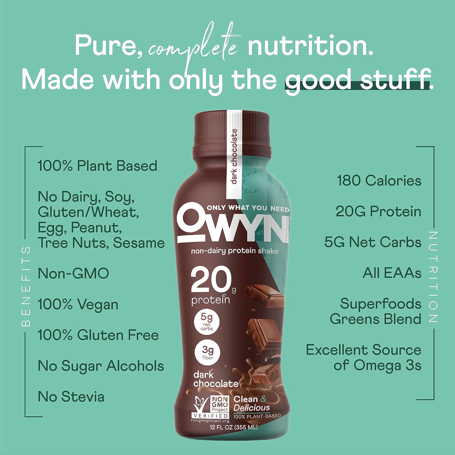OWYN Only What You Need Dark Chocolate Flavored 20g Protein Shake, 12 Ct | 20g Protein, 4g Sugar, 3g Prebiotic Fiber, Dairy Free, Plant Protein, Gluten Free, Individual 12fl oz Bottles