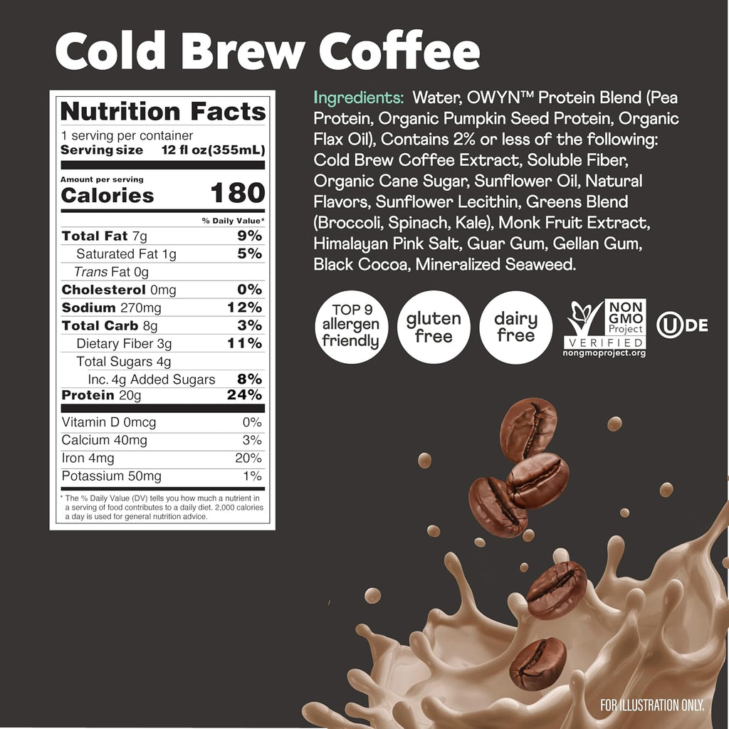 OWYN Only What You Need Dark Chocolate Flavored 20g Protein Shake, 12 Ct | 20g Protein, 4g Sugar, 3g Prebiotic Fiber, Dairy Free, Plant Protein, Gluten Free, Individual 12fl oz Bottles