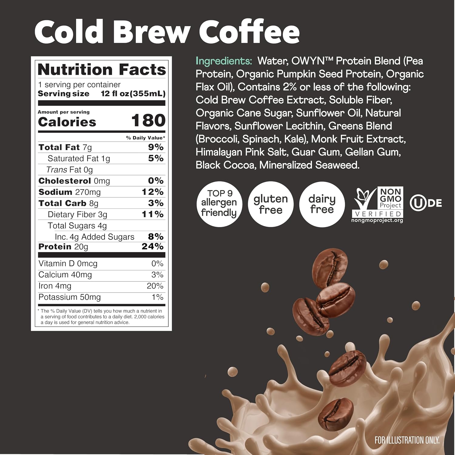 OWYN Only What You Need Dark Chocolate Flavored 20g Protein Shake, 12 Ct | 20g Protein, 4g Sugar, 3g Prebiotic Fiber, Dairy Free, Plant Protein, Gluten Free, Individual 12fl oz Bottles