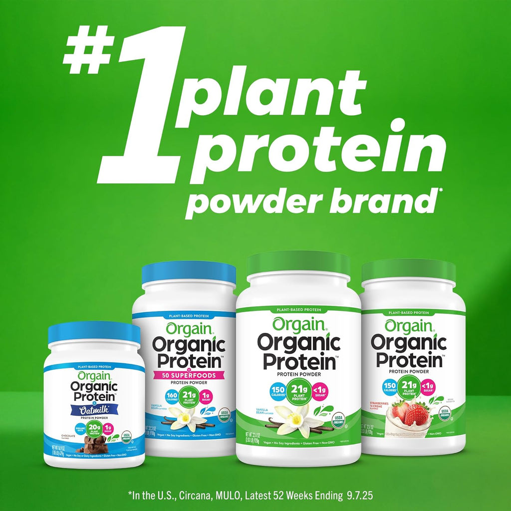 Orgain Organic Vegan 21g Protein + Superfoods Powder, Chocolate, 2.02lb | Plant based protein, 50 superfoods, 9g prebiotic fiber, gluten free, no added sugar, non-GMO, no lactose ingredients