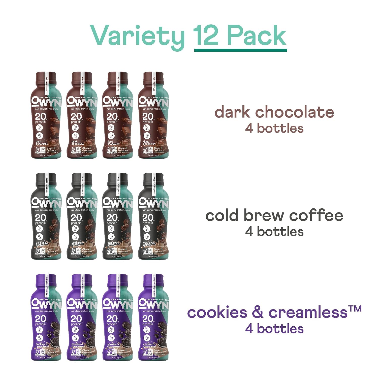 OWYN Only What You Need Dark Chocolate Flavored 20g Protein Shake, 12 Ct | 20g Protein, 4g Sugar, 3g Prebiotic Fiber, Dairy Free, Plant Protein, Gluten Free, Individual 12fl oz Bottles