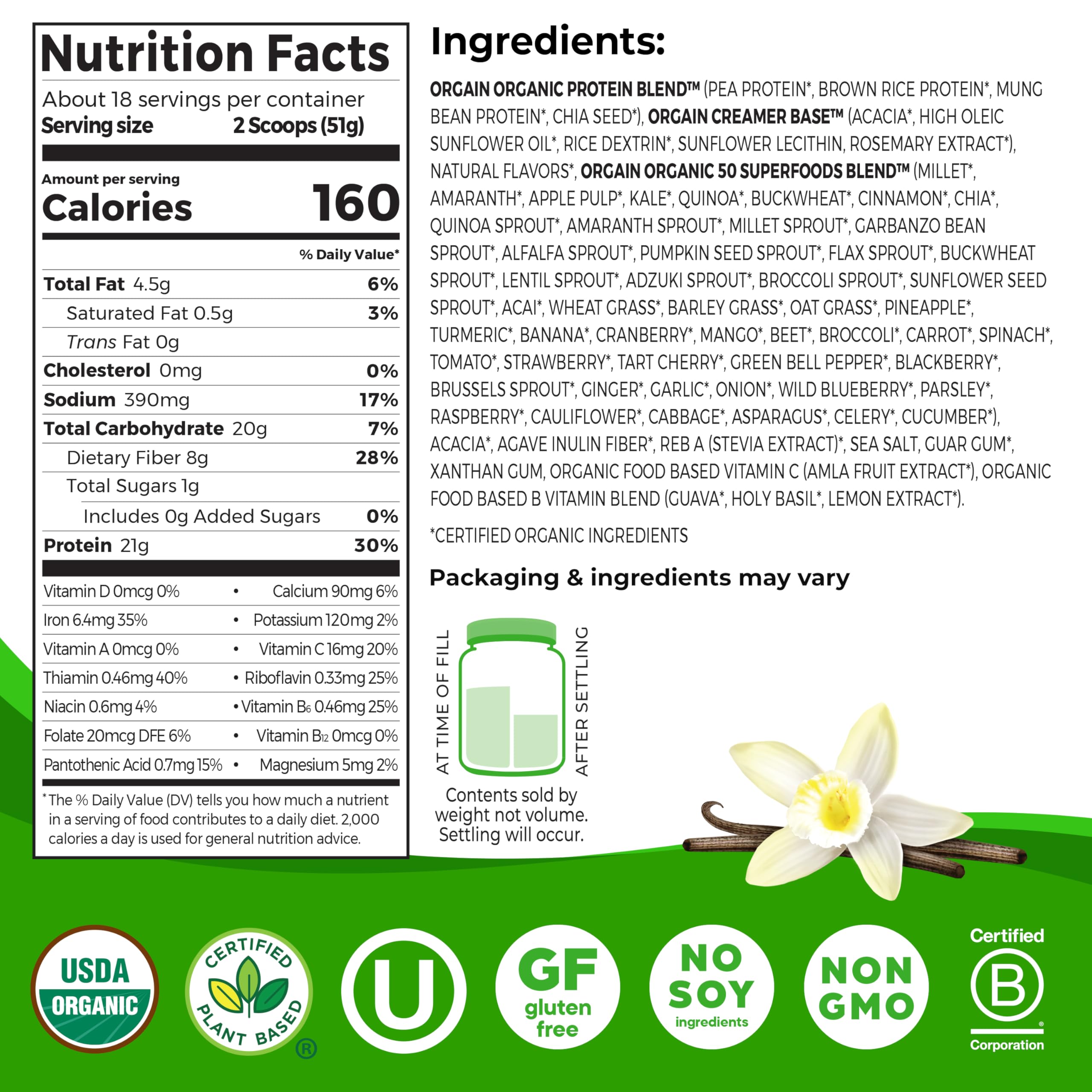 Orgain Organic Vegan 21g Protein + Superfoods Powder, Chocolate, 2.02lb | Plant based protein, 50 superfoods, 9g prebiotic fiber, gluten free, no added sugar, non-GMO, no lactose ingredients