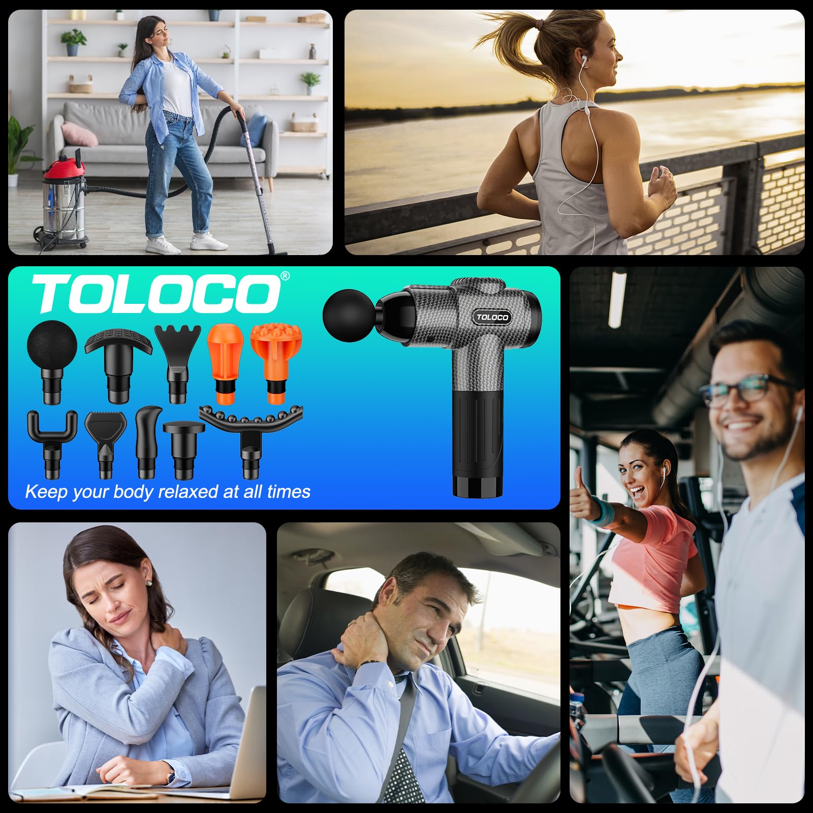 TOLOCO Massage Gun, Deep Tissue Back Massage for Athletes for Pain Relief, Percussion Massager with 10 Massages Heads & Silent Brushless Motor, Relaxation Gifts for Men Women, Black