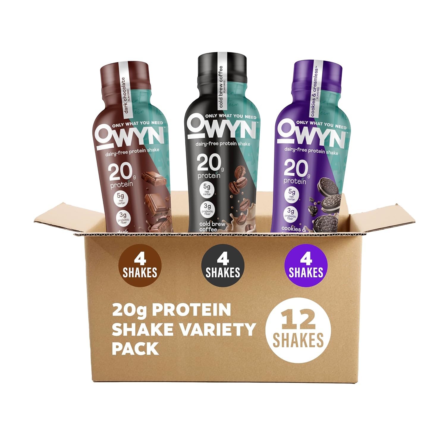 OWYN Only What You Need Dark Chocolate Flavored 20g Protein Shake, 12 Ct | 20g Protein, 4g Sugar, 3g Prebiotic Fiber, Dairy Free, Plant Protein, Gluten Free, Individual 12fl oz Bottles