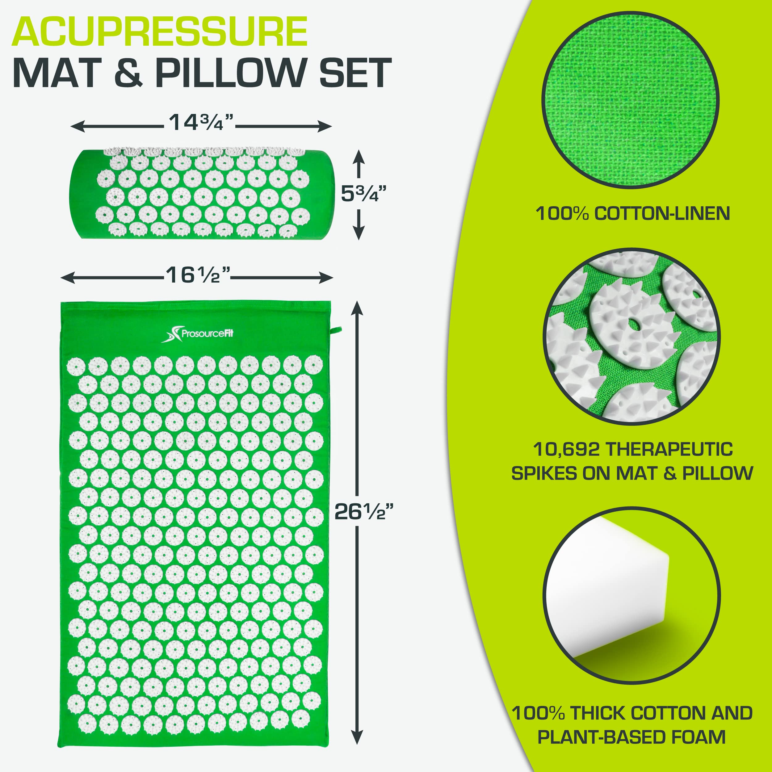 ProsourceFit Acupressure Mat and Pillow Set for Back/Neck Pain Relief and Muscle Relaxation, Grey