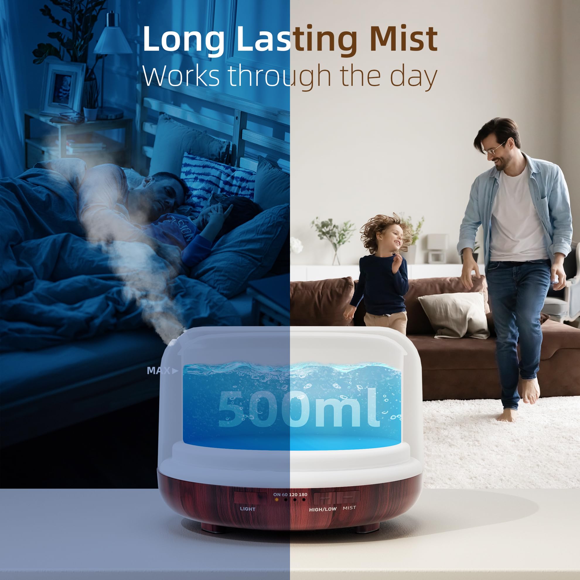 ASAKUKI Essential Oil Diffuser for Home, 500ML Aromatherapy Humidifier | with Remote Control, 7 Color LED Lights, Quiet Cool Mist Diffuser for Bedroom, Living Room, Office (Yellow)