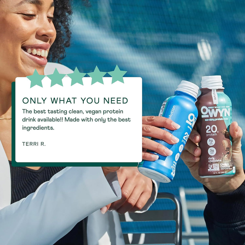 OWYN Only What You Need Dark Chocolate Flavored 20g Protein Shake, 12 Ct | 20g Protein, 4g Sugar, 3g Prebiotic Fiber, Dairy Free, Plant Protein, Gluten Free, Individual 12fl oz Bottles
