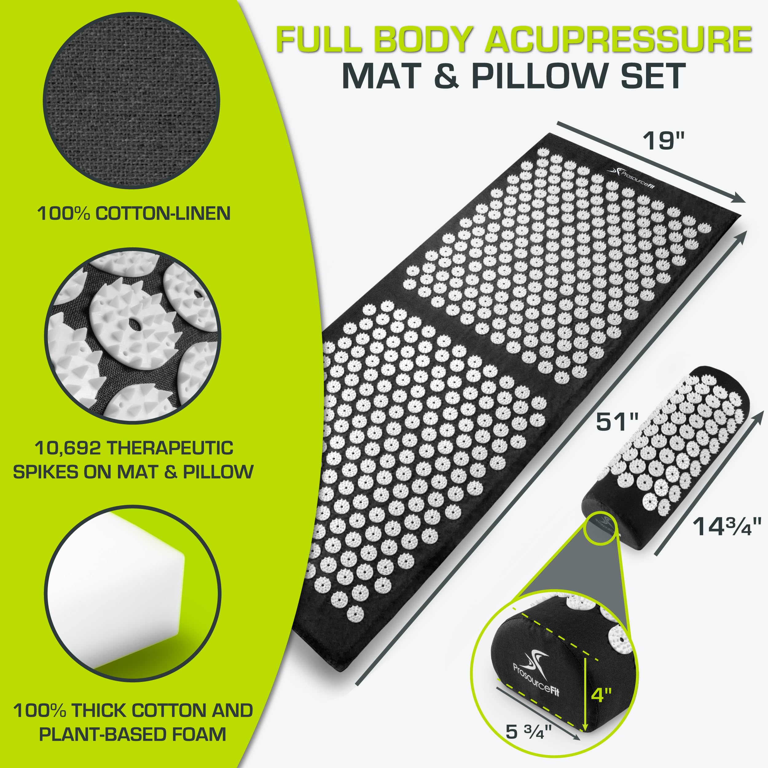 ProsourceFit Acupressure Mat and Pillow Set for Back/Neck Pain Relief and Muscle Relaxation, Grey